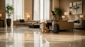 Guest with dog in dog-friendly hotel San Antonio TX