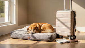 Dog with luggage at dog-friendly hotel San Antonio TX