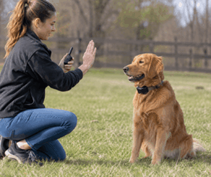 Beginner owner practices safe e-collar training with a dog