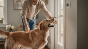 Dog barks at doorbell, golden retriever near owner and door.