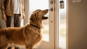 Dog barks at doorbell, golden retriever looks toward a door.