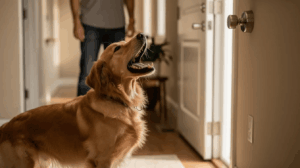 Dog barks at doorbell, golden retriever looking up near door