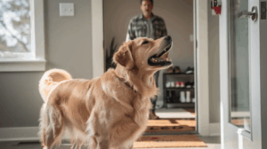 Dog barks at doorbell, golden retriever facing a front door.