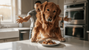 Dog counter surfing, golden retriever paws beside food plate