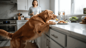 Dog counter surfing, golden retriever reaching toward snacks