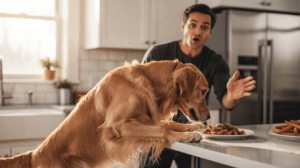Dog counter surfing, golden retriever leaning over food dish