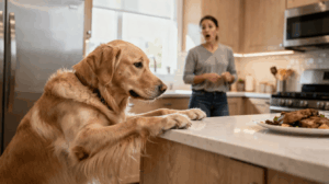 Dog counter surfing, golden retriever eyeing food on counter