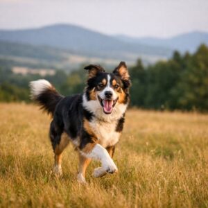 Happy dog running outdoors during impulse control training