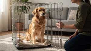Golden Retriever kennel training with owner at home