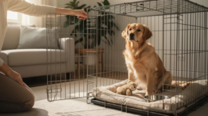 Owner teaching Golden Retriever to stay calm in kennel