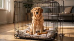 Golden Retriever puppy learning kennel training at home