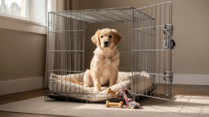 Golden Retriever sitting calmly inside a training kennel