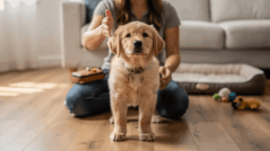 How long should puppy training sessions be, pup beside woman