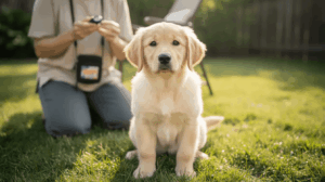 How long should puppy training sessions be, pup sits on lawn