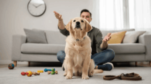 How long should puppy training sessions be, pup sits indoors